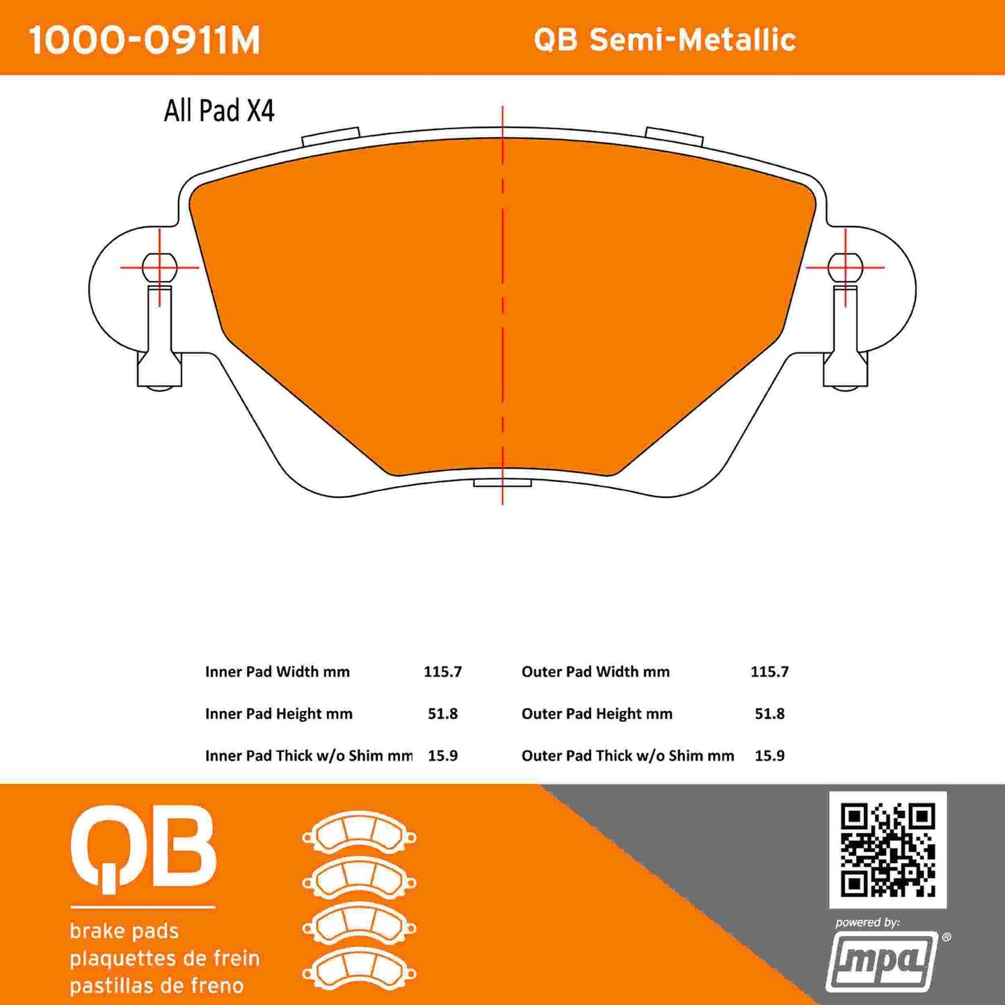 Quality-Built QB Semi-Metallic Brake Pads 1000-0911M