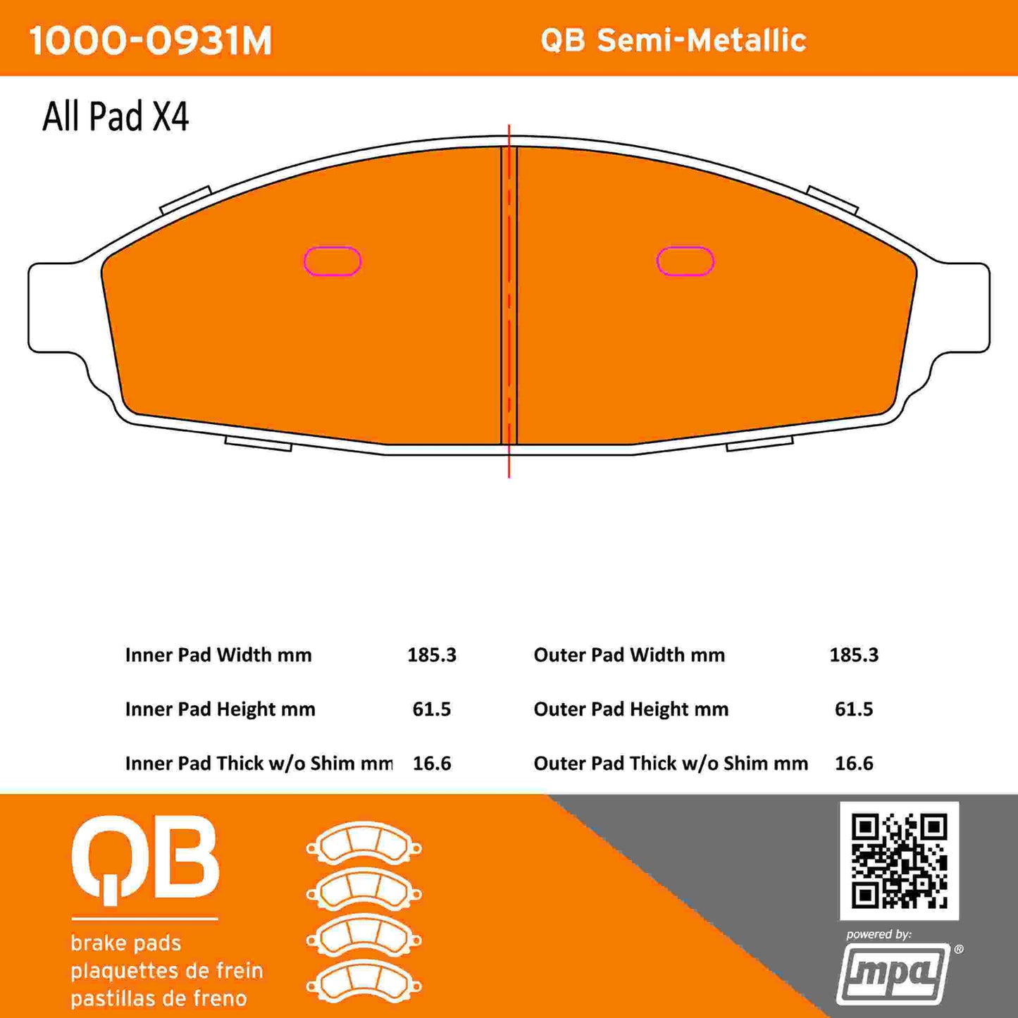 Quality-Built QB Semi-Metallic Brake Pads 1000-0931M