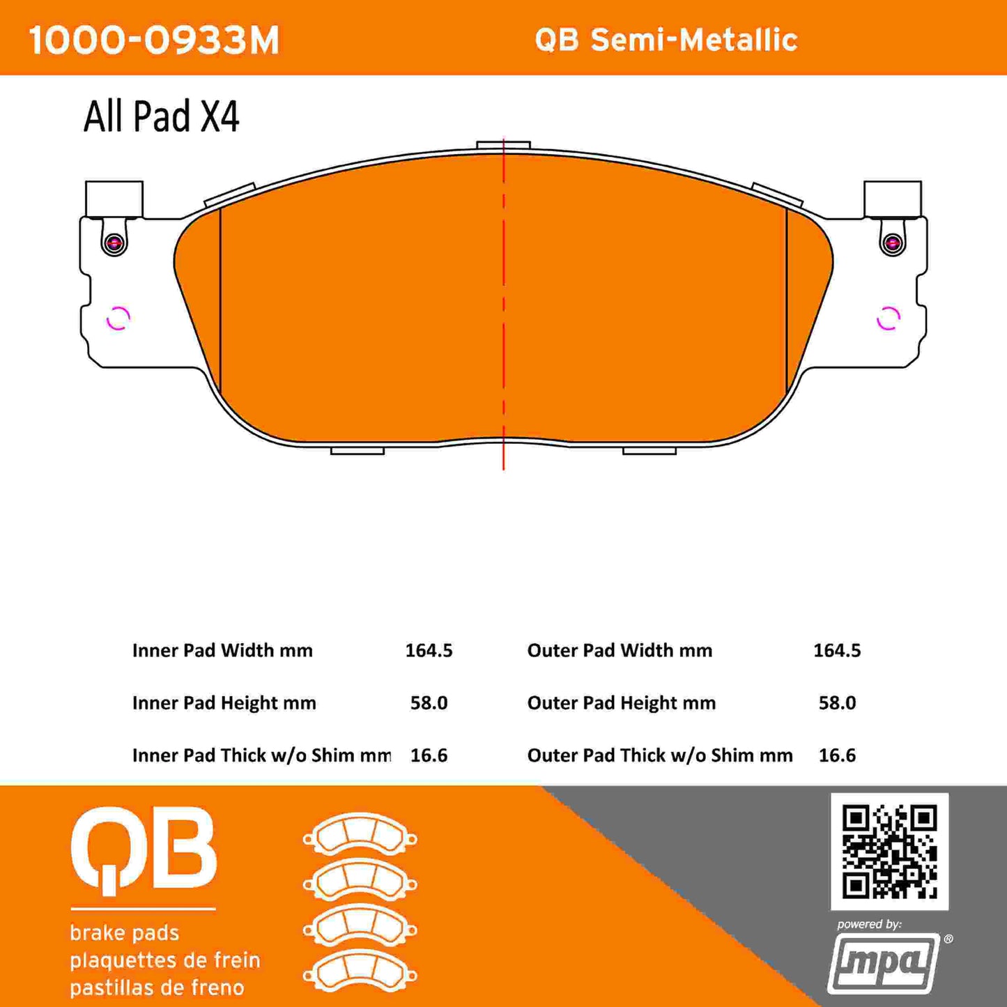 Quality-Built QB Semi-Metallic Brake Pads 1000-0933M