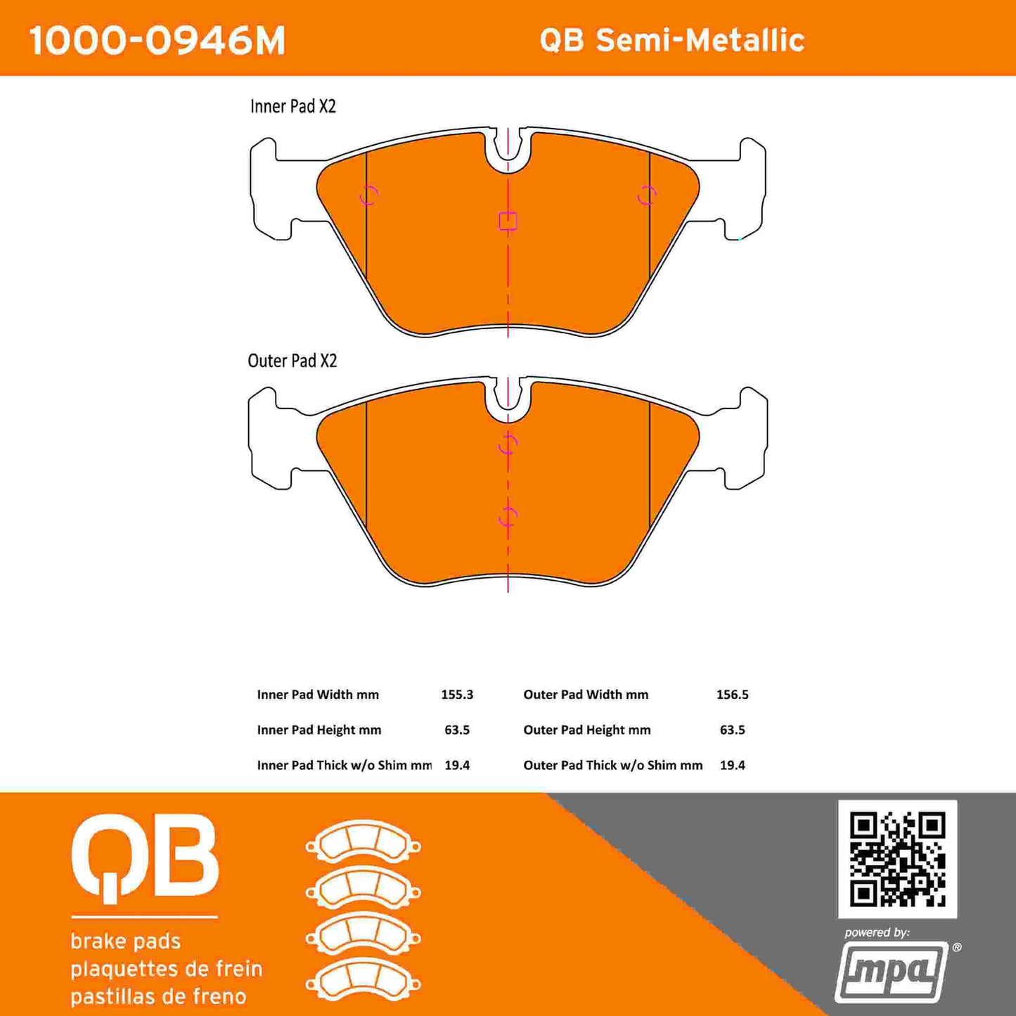 Quality-Built QB Semi-Metallic Brake Pads 1000-0946M