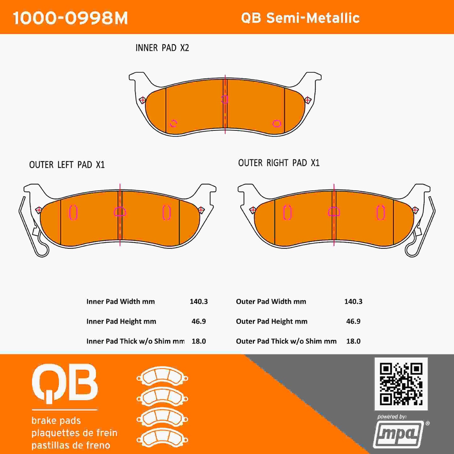 Quality-Built QB Semi-Metallic Brake Pads 1000-0998M
