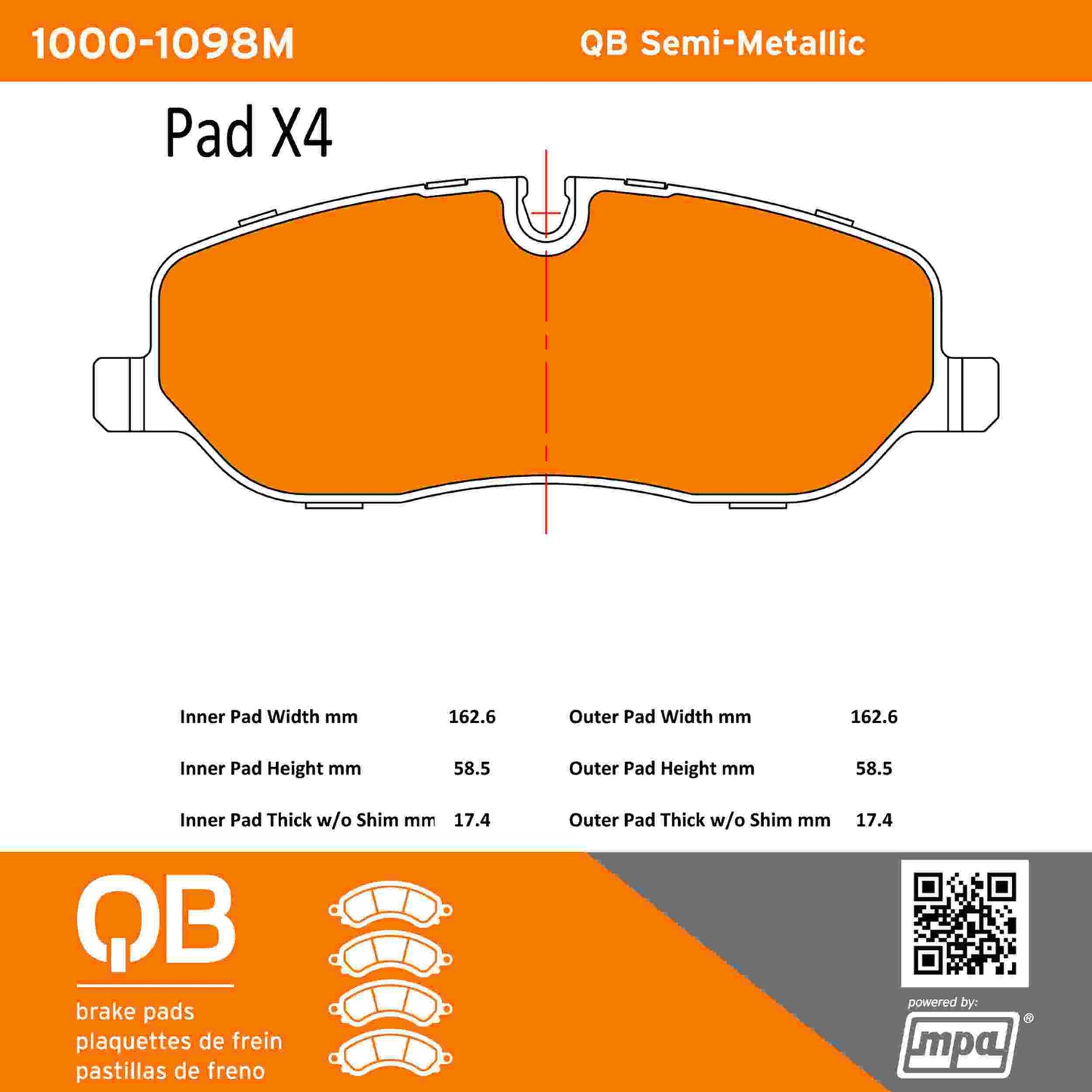 Quality-Built QB Semi-Metallic Brake Pads 1000-1098M