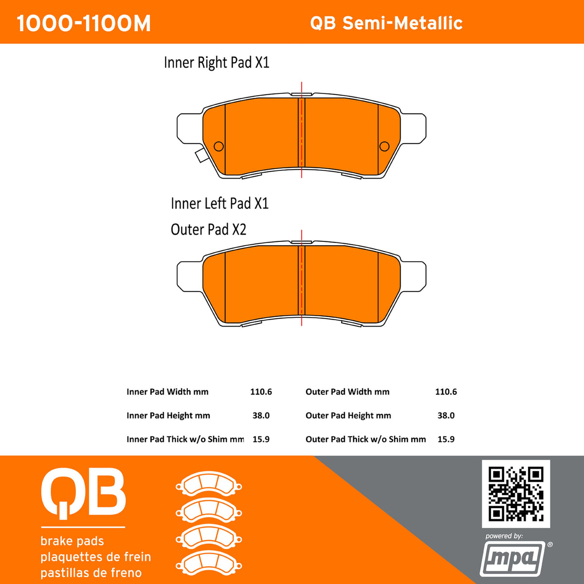 Quality-Built QB Semi-Metallic Brake Pads 1000-1100M