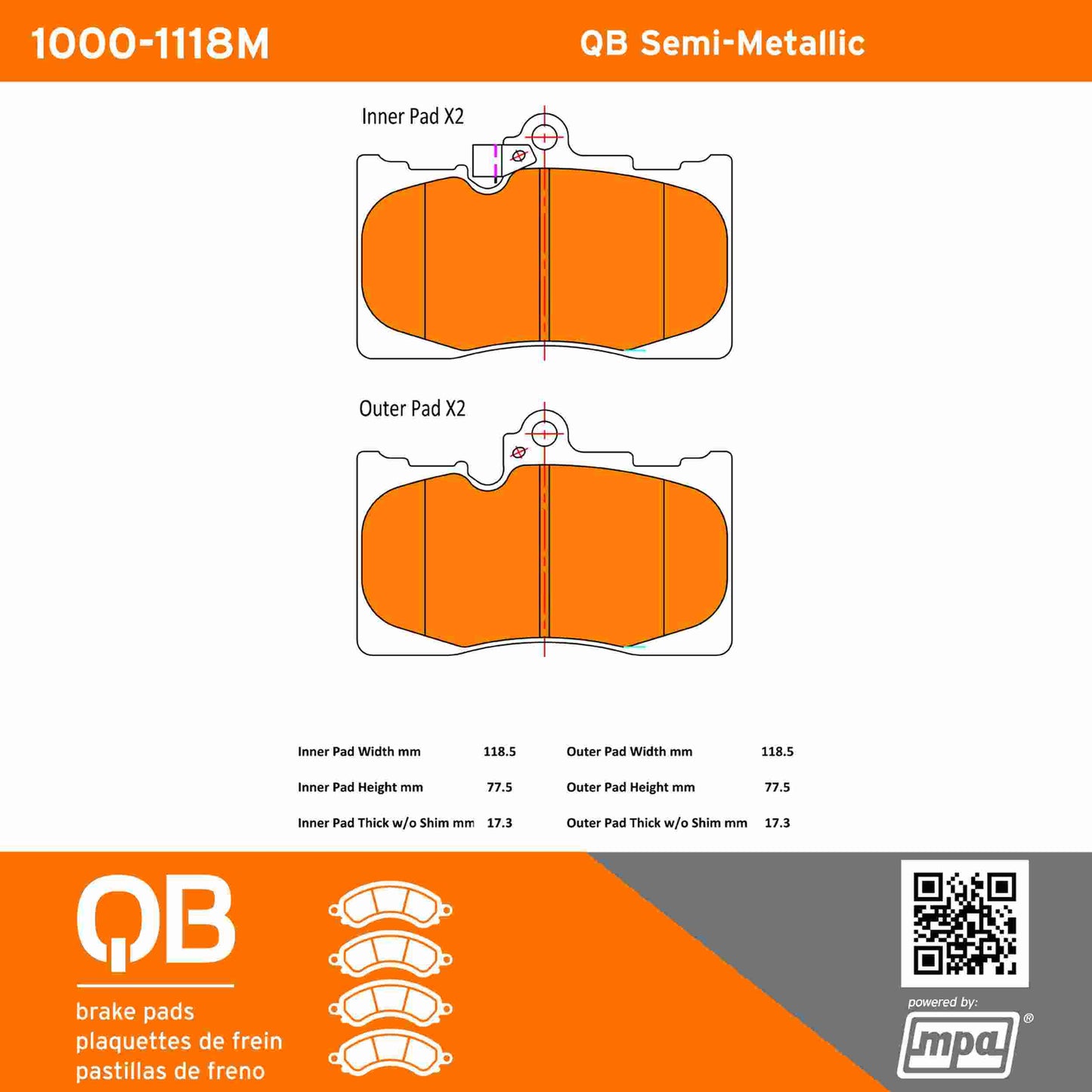 Quality-Built QB Semi-Metallic Brake Pads 1000-1118M