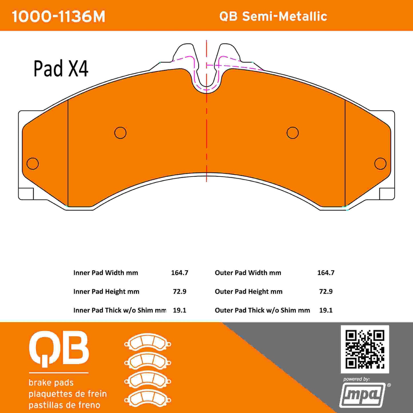 Quality-Built QB Semi-Metallic Brake Pads 1000-1136M