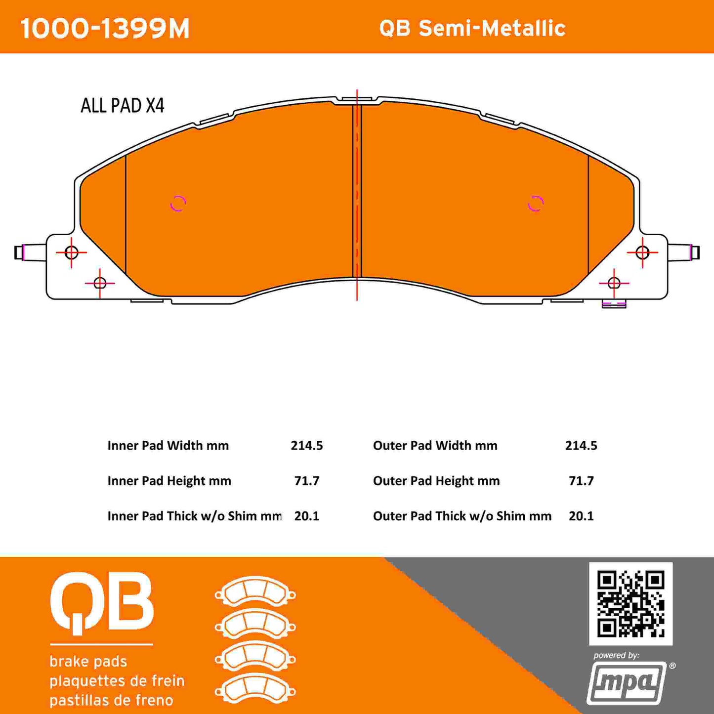 Quality-Built QB Semi-Metallic Brake Pads 1000-1399M