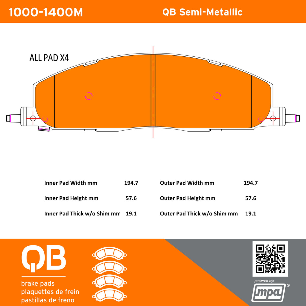 Quality-Built QB Semi-Metallic Brake Pads 1000-1400M