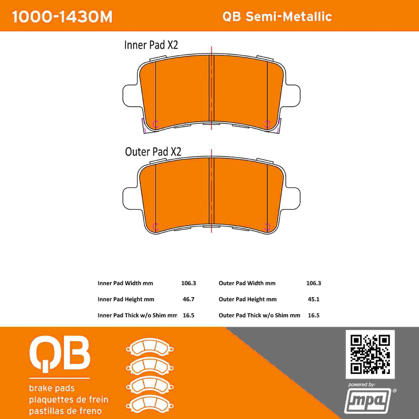Quality-Built QB Semi-Metallic Brake Pads 1000-1430M