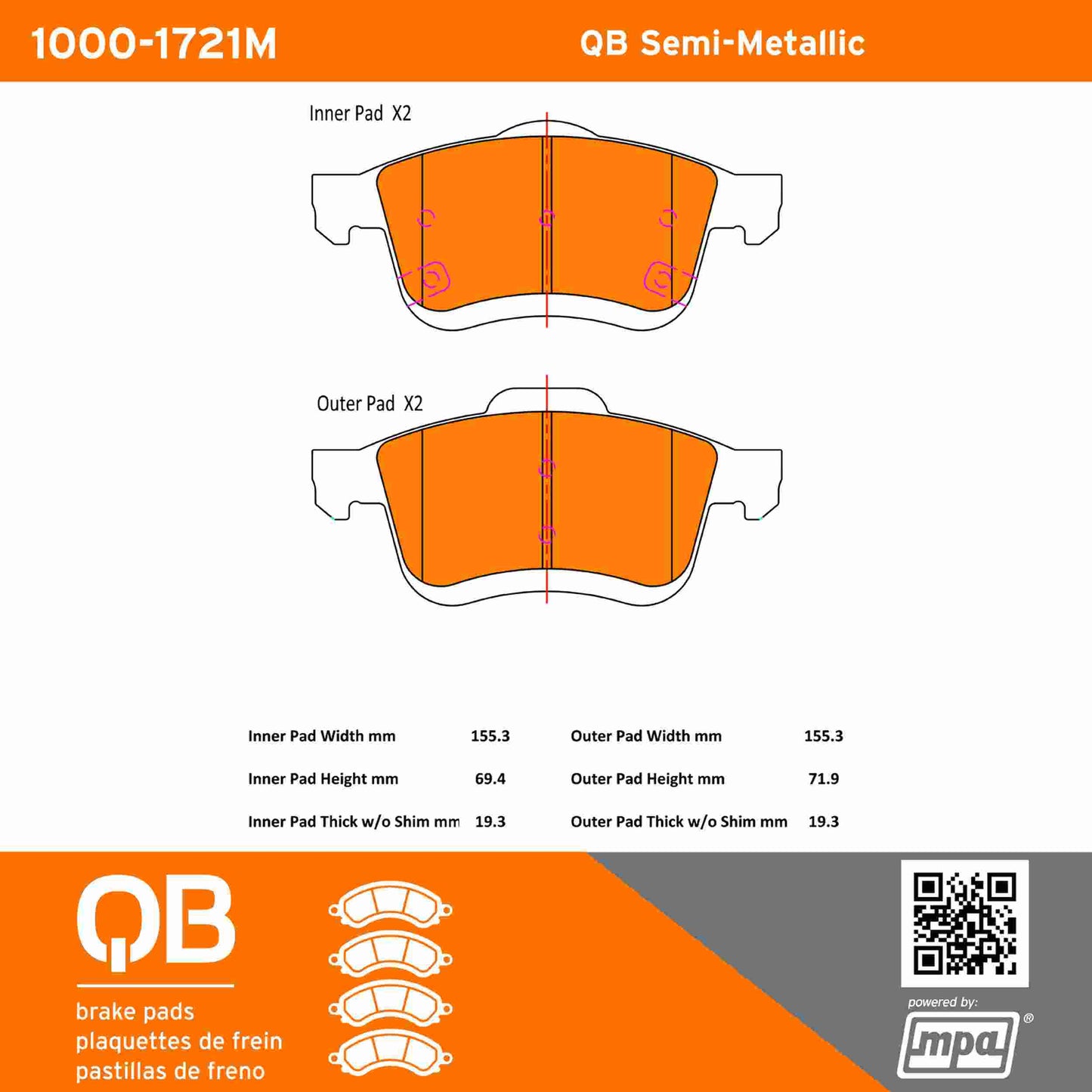 Quality-Built QB Semi-Metallic Brake Pads 1000-1721M