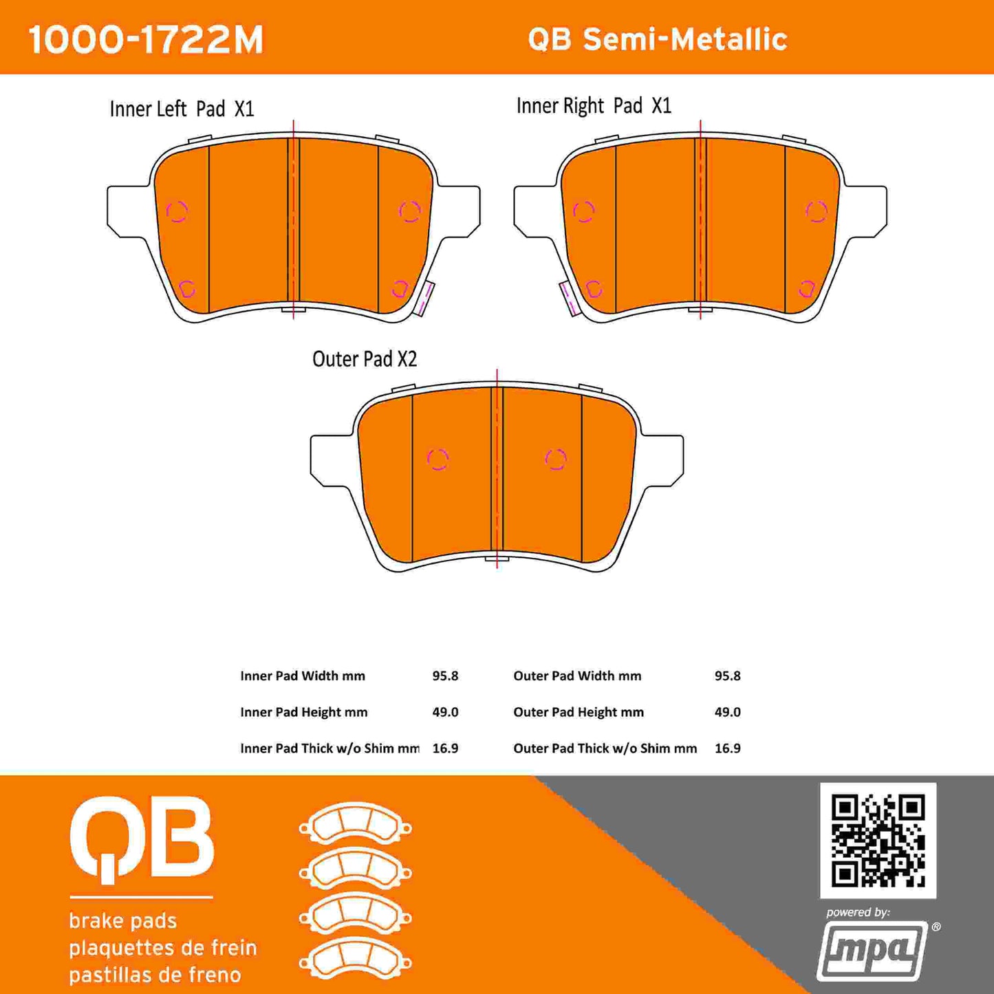 Quality-Built QB Semi-Metallic Brake Pads 1000-1722M