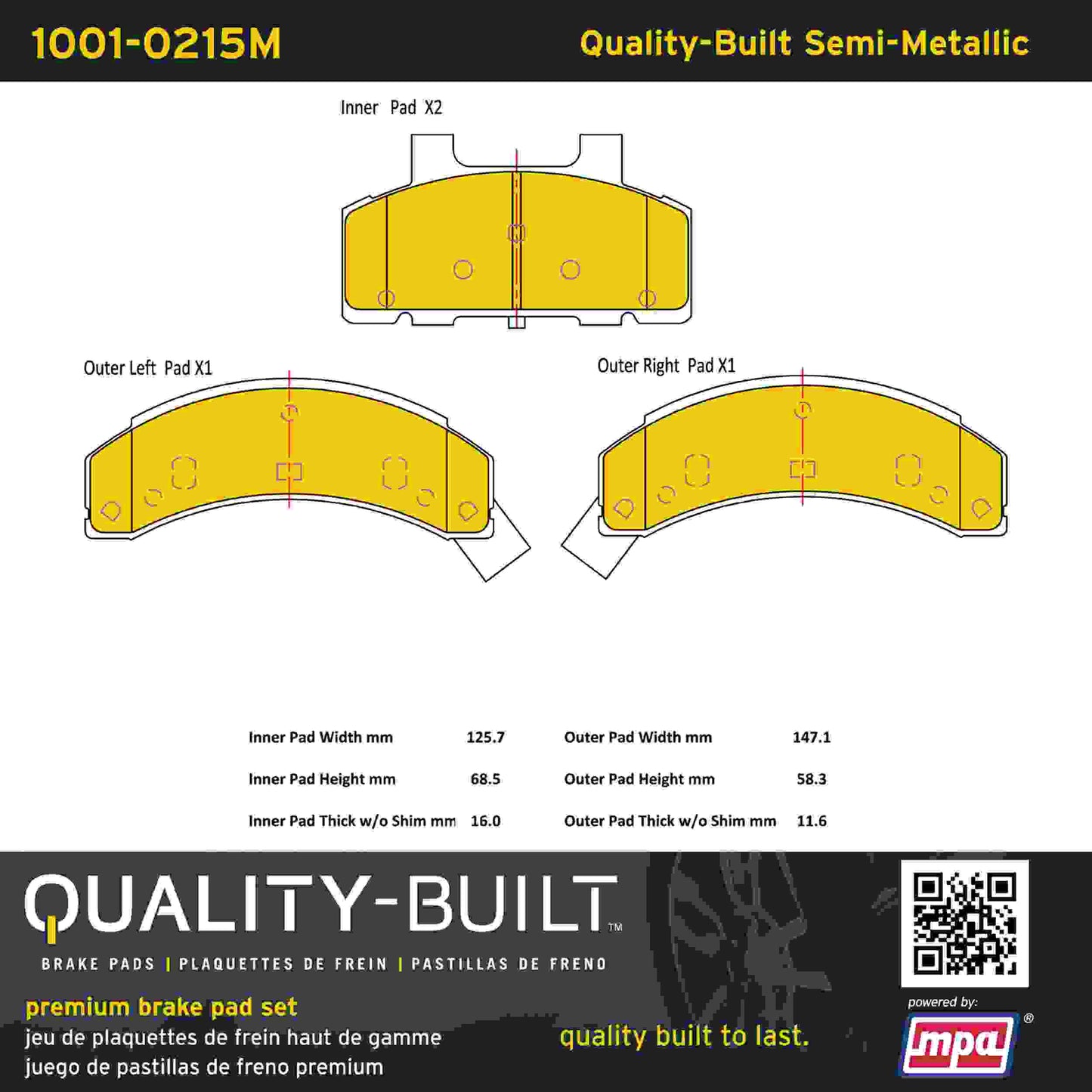 Quality-Built Quality-Built Premium Semi-Metallic Brake Pads w/ Hardware 1001-0215M