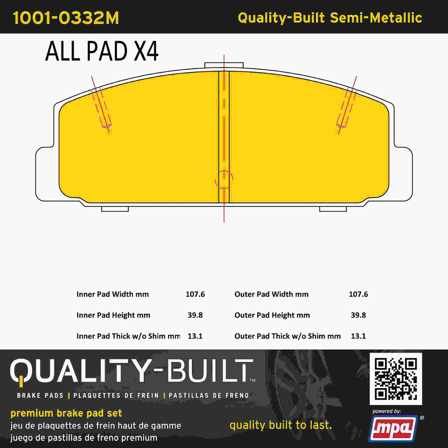 Quality-Built Quality-Built Premium Semi-Metallic Brake Pads w/ Hardware 1001-0332M
