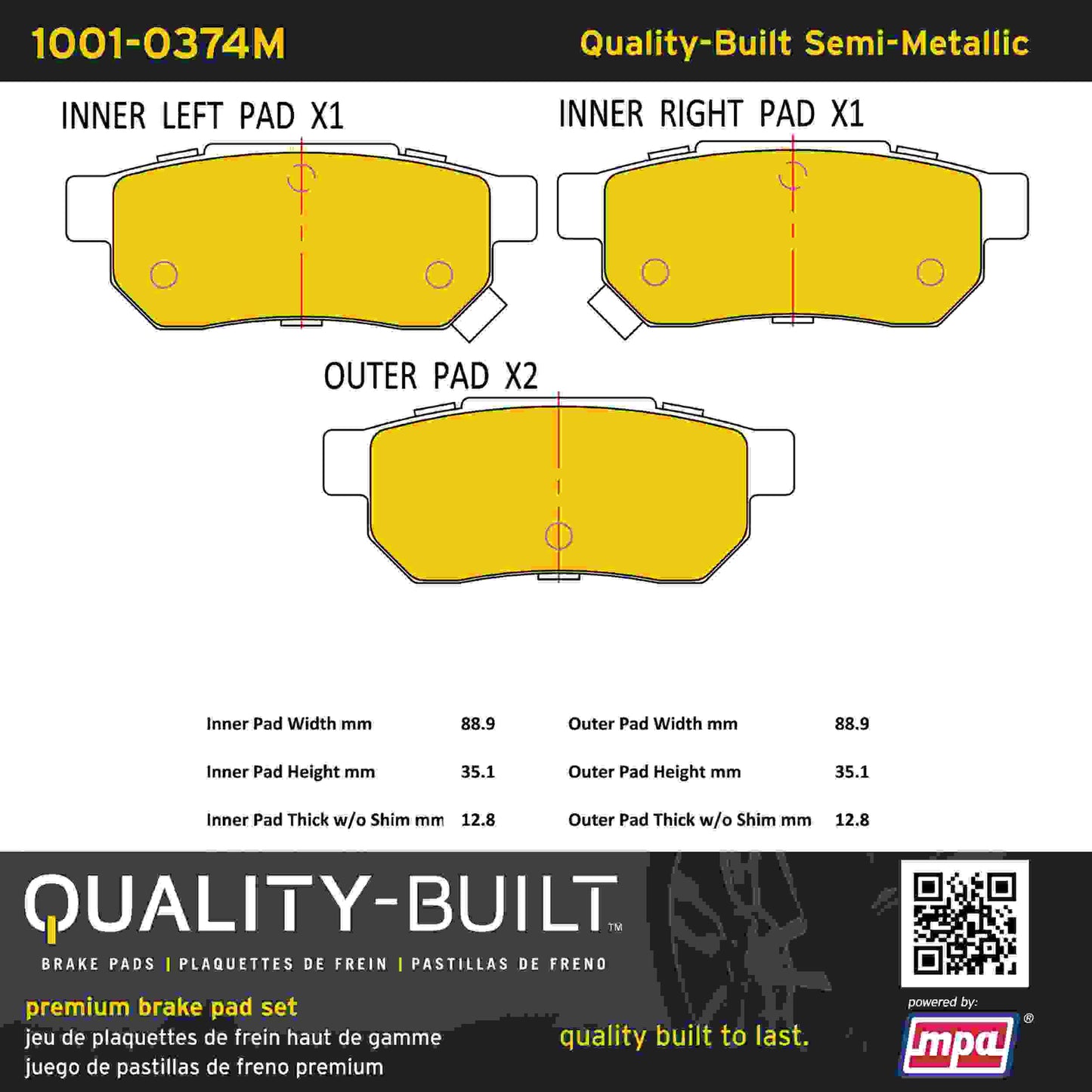 Quality-Built Quality-Built Premium Semi-Metallic Brake Pads w/ Hardware 1001-0374M