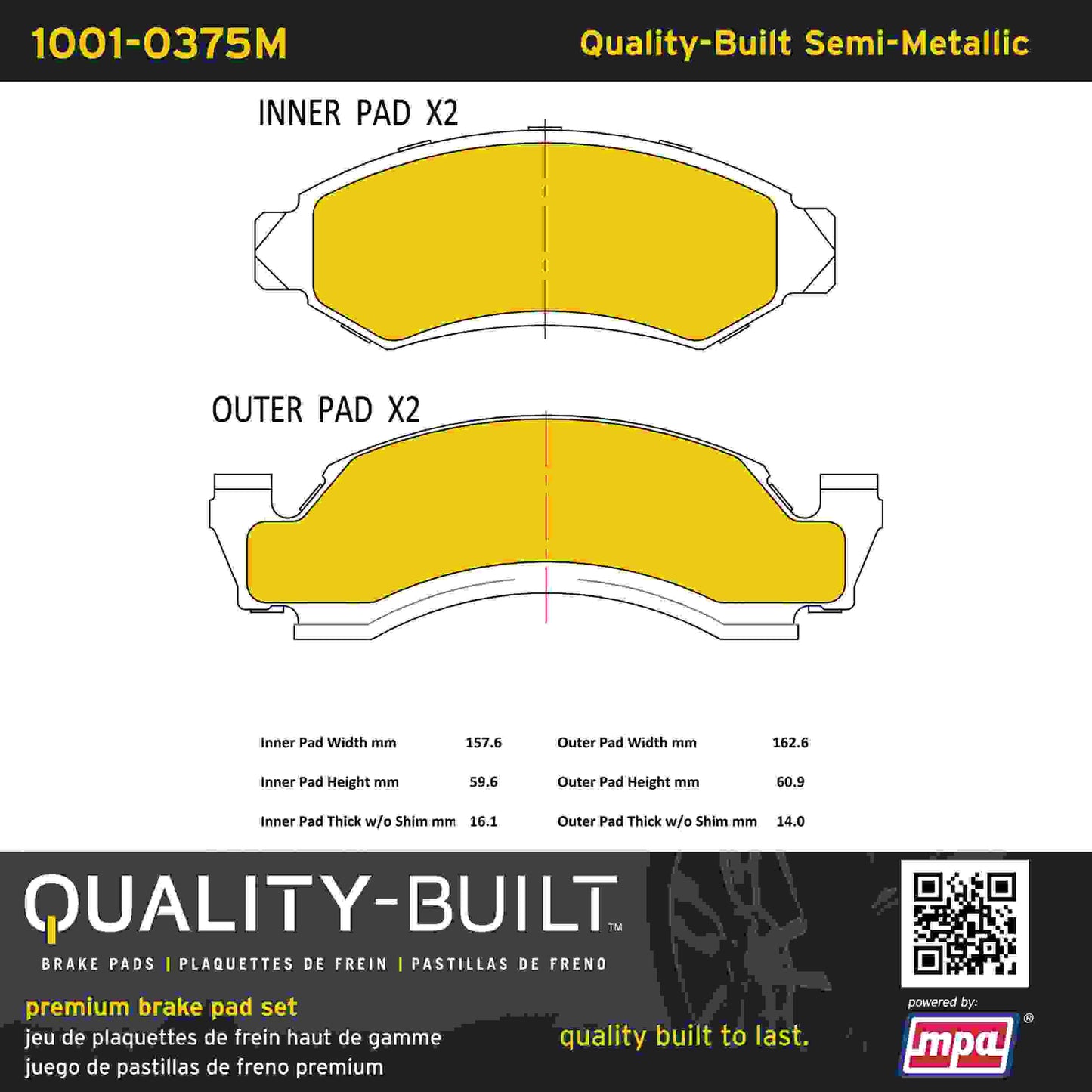 Quality-Built Quality-Built Premium Semi-Metallic Brake Pads w/ Hardware 1001-0375M