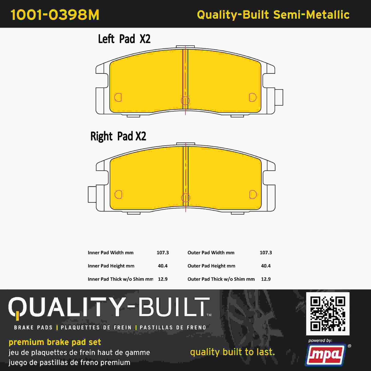 Quality-Built Quality-Built Premium Semi-Metallic Brake Pads w/ Hardware 1001-0398M