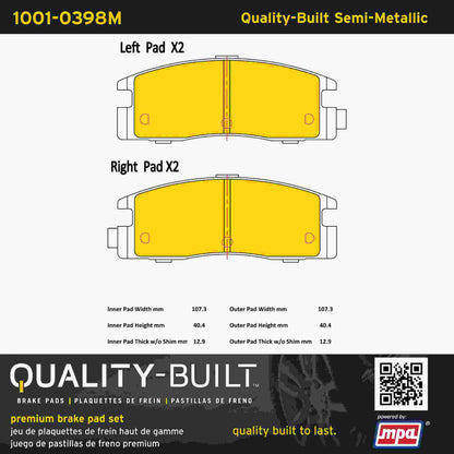 Quality-Built Quality-Built Premium Semi-Metallic Brake Pads w/ Hardware 1001-0398M