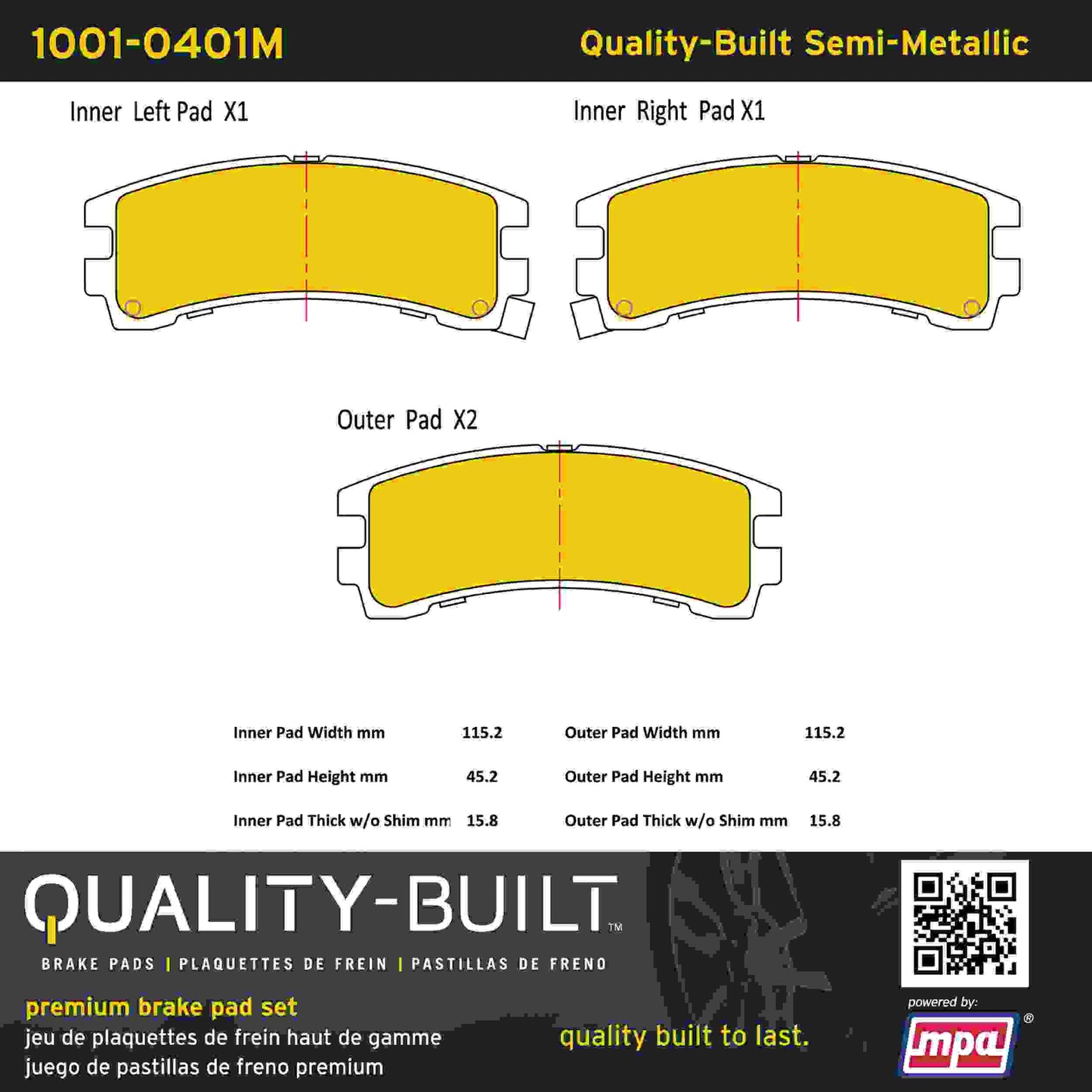 Quality-Built Quality-Built Premium Semi-Metallic Brake Pads w/ Hardware 1001-0401M