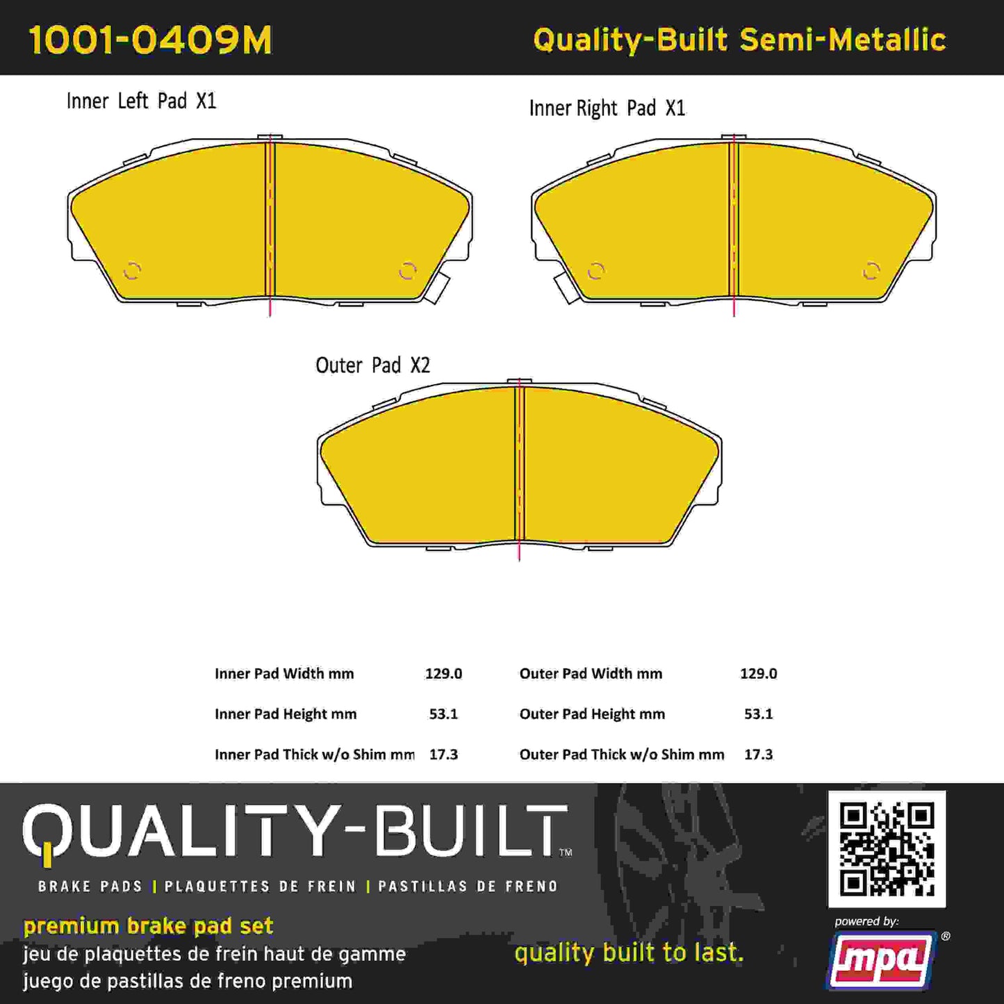 Quality-Built Quality-Built Premium Semi-Metallic Brake Pads w/ Hardware 1001-0409M