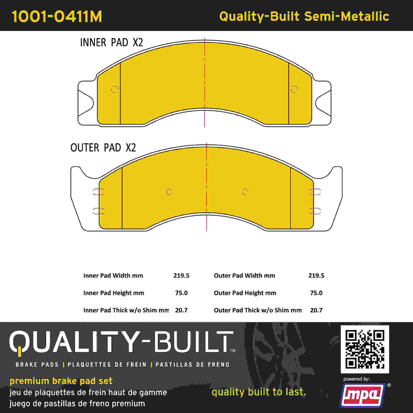 Quality-Built Quality-Built Premium Semi-Metallic Brake Pads w/ Hardware 1001-0411M
