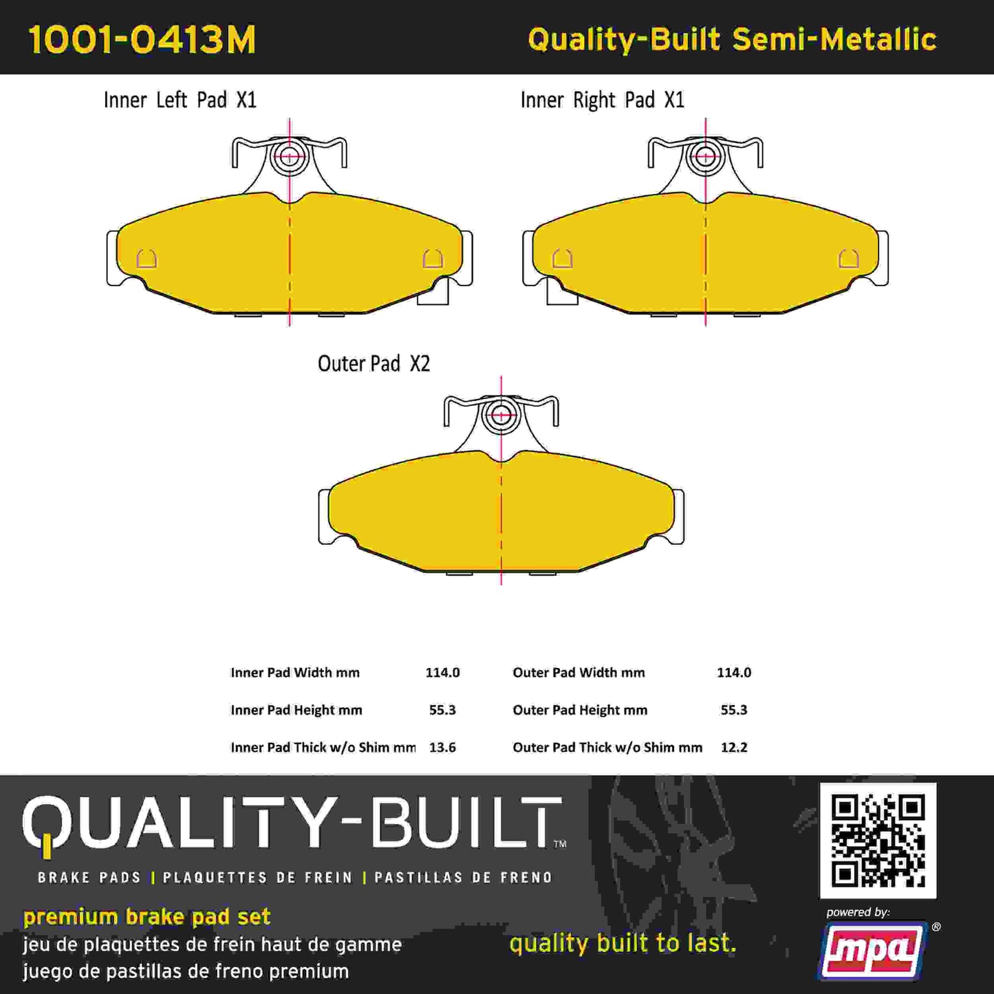 Quality-Built Quality-Built Premium Semi-Metallic Brake Pads w/ Hardware 1001-0413M