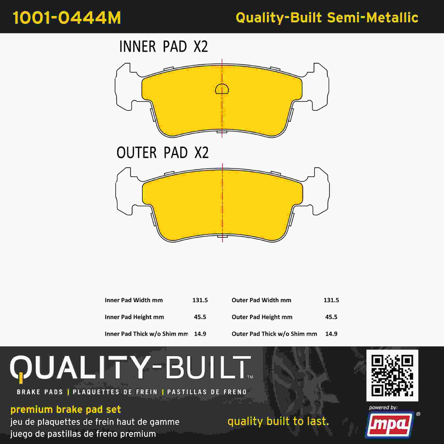 Quality-Built Quality-Built Premium Semi-Metallic Brake Pads w/ Hardware 1001-0444M