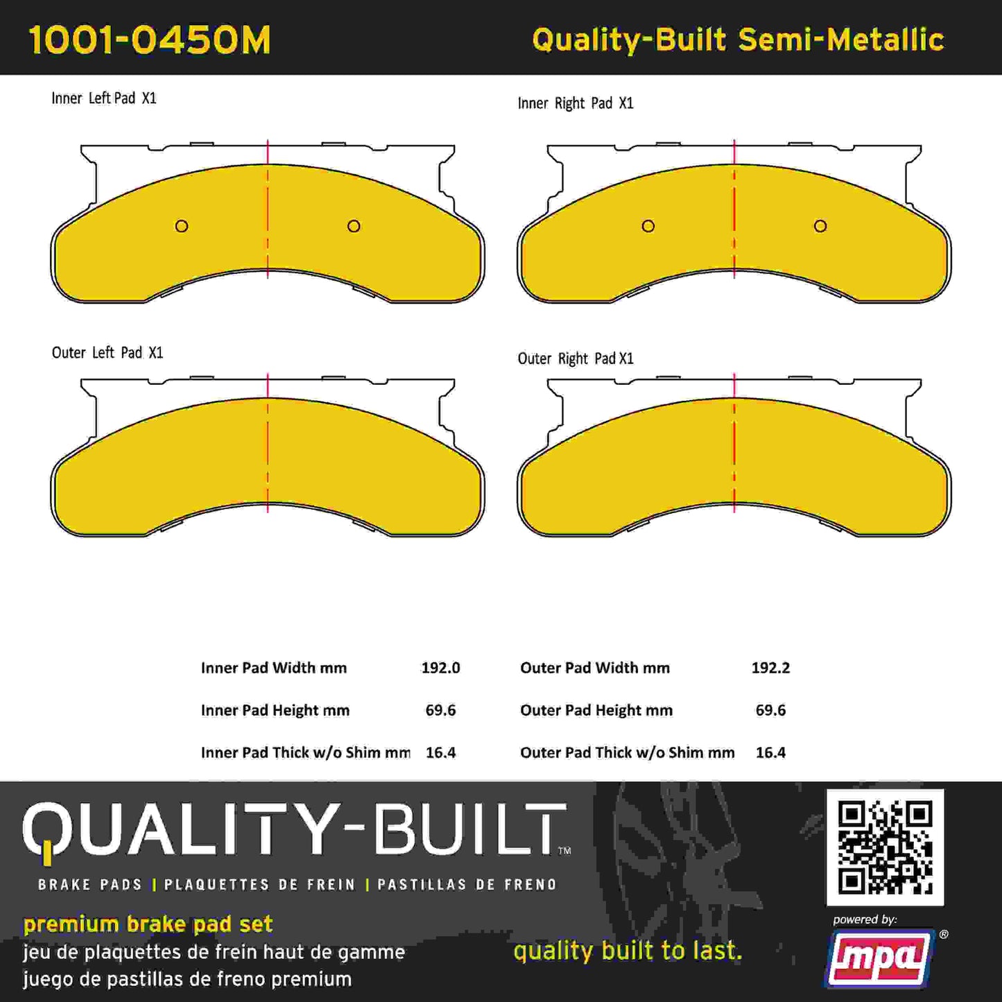 Quality-Built Quality-Built Premium Semi-Metallic Brake Pads w/ Hardware 1001-0450M