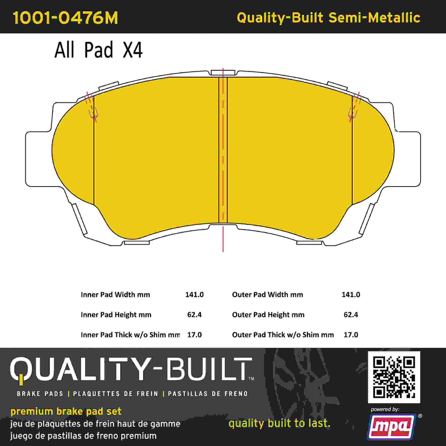 Quality-Built Quality-Built Premium Semi-Metallic Brake Pads w/ Hardware 1001-0476M