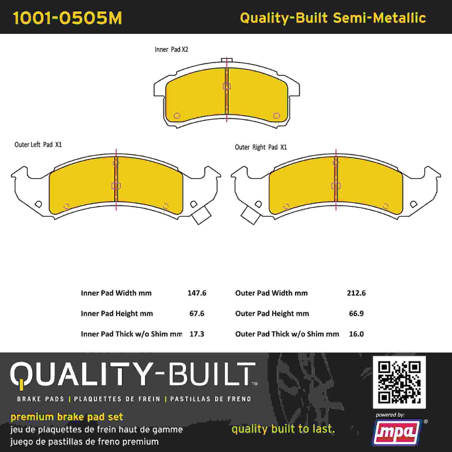Quality-Built Quality-Built Premium Semi-Metallic Brake Pads w/ Hardware 1001-0505M