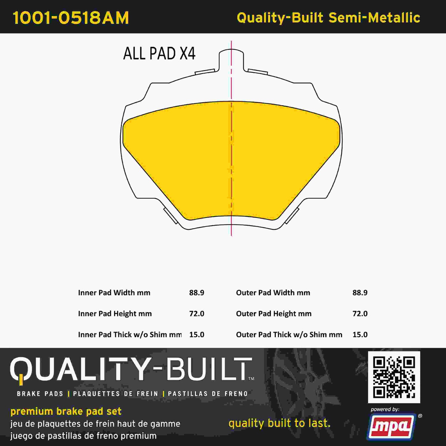 Quality-Built Quality-Built Premium Semi-Metallic Brake Pads w/ Hardware 1001-0518AM