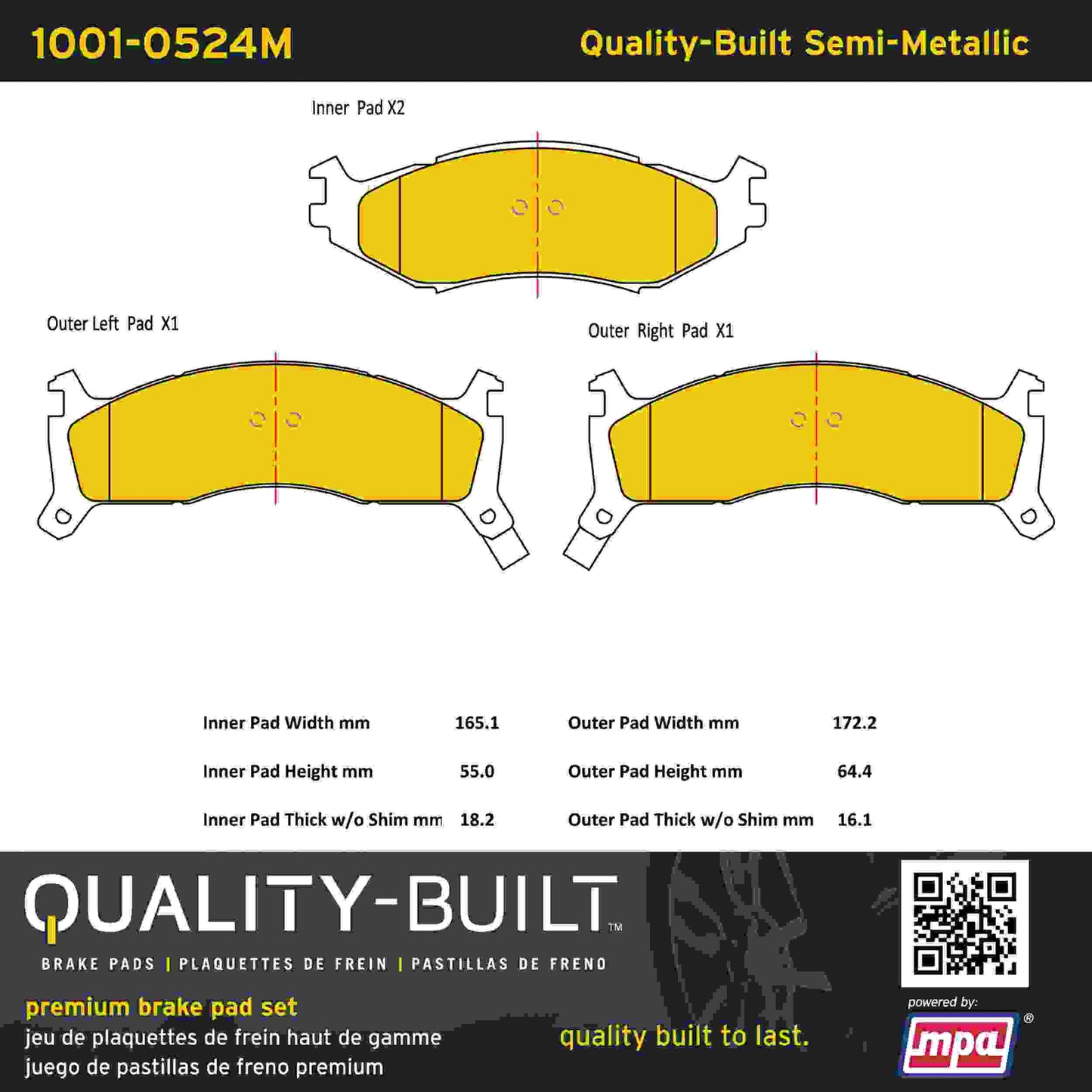 Quality-Built Quality-Built Premium Semi-Metallic Brake Pads w/ Hardware 1001-0524M