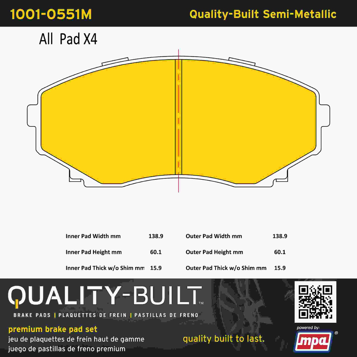Quality-Built Quality-Built Premium Semi-Metallic Brake Pads w/ Hardware 1001-0551M
