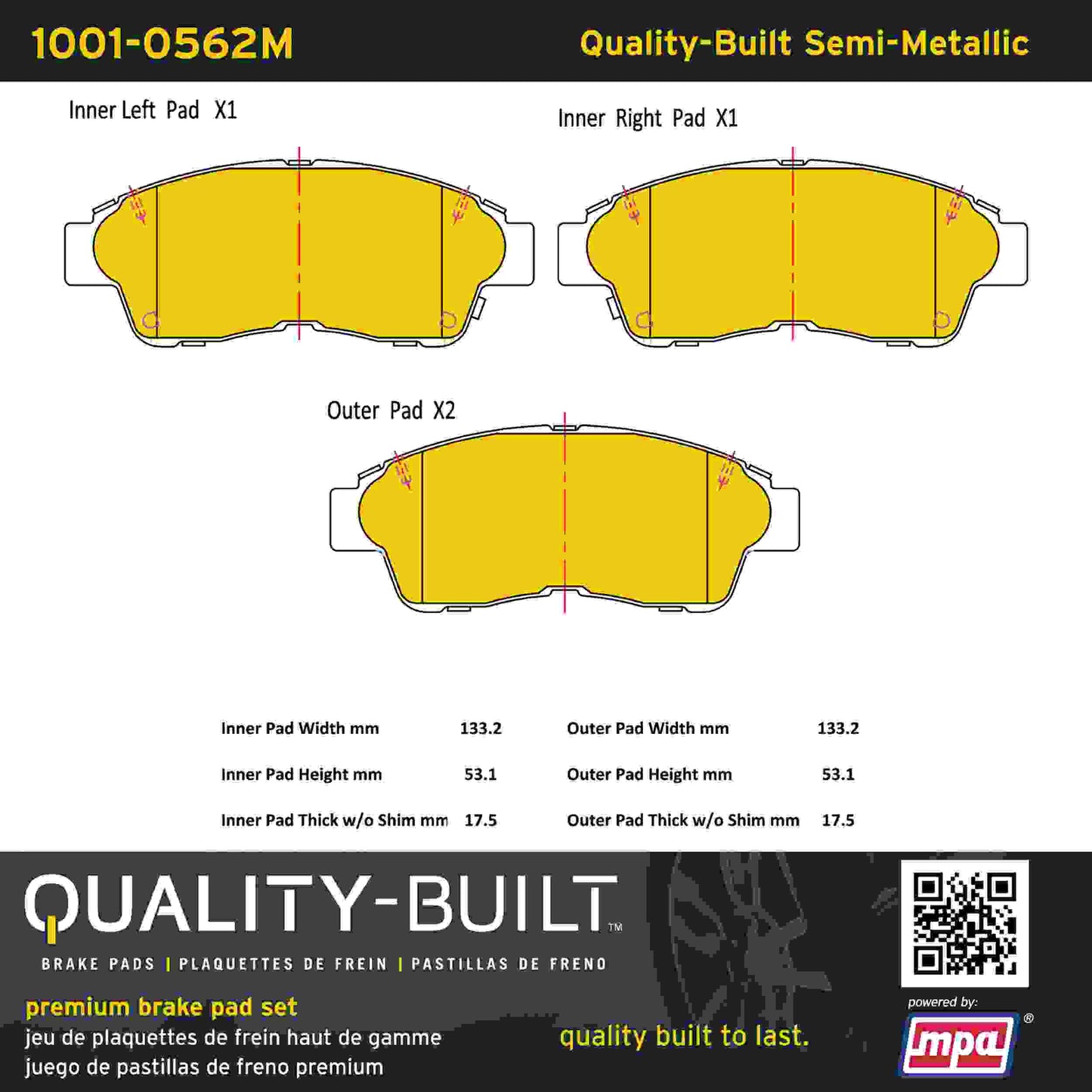 Quality-Built Quality-Built Premium Semi-Metallic Brake Pads w/ Hardware 1001-0562M