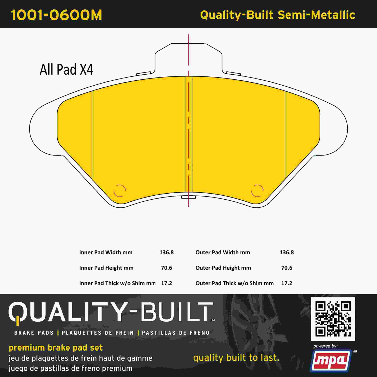 Quality-Built Quality-Built Premium Semi-Metallic Brake Pads w/ Hardware 1001-0600M