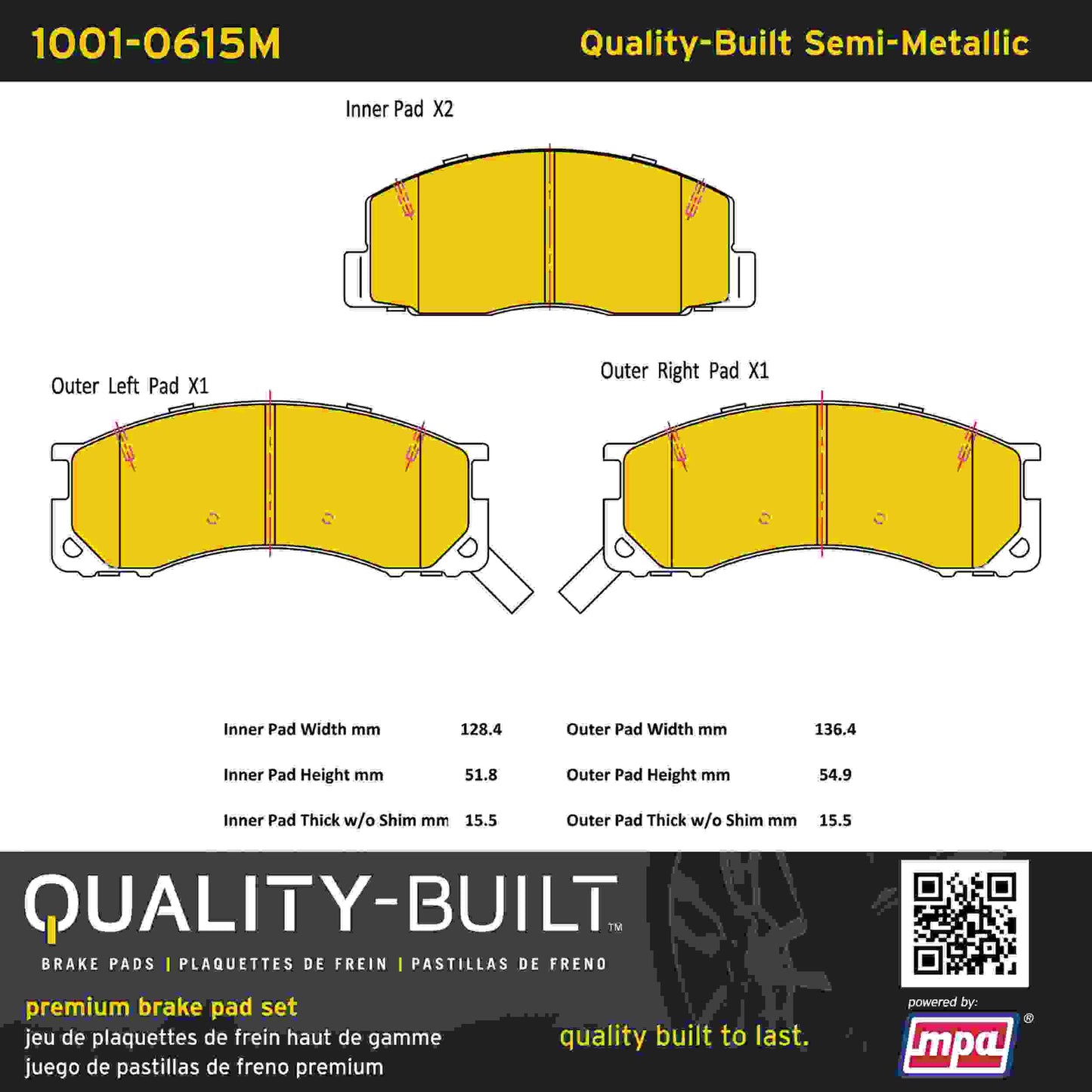Quality-Built Quality-Built Premium Semi-Metallic Brake Pads w/ Hardware 1001-0615M