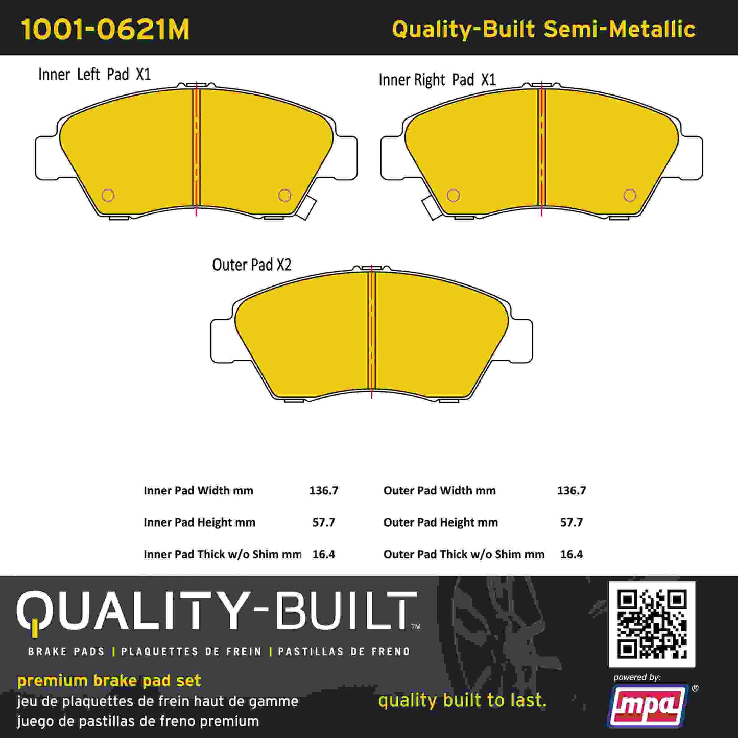 Quality-Built Quality-Built Premium Semi-Metallic Brake Pads w/ Hardware 1001-0621M