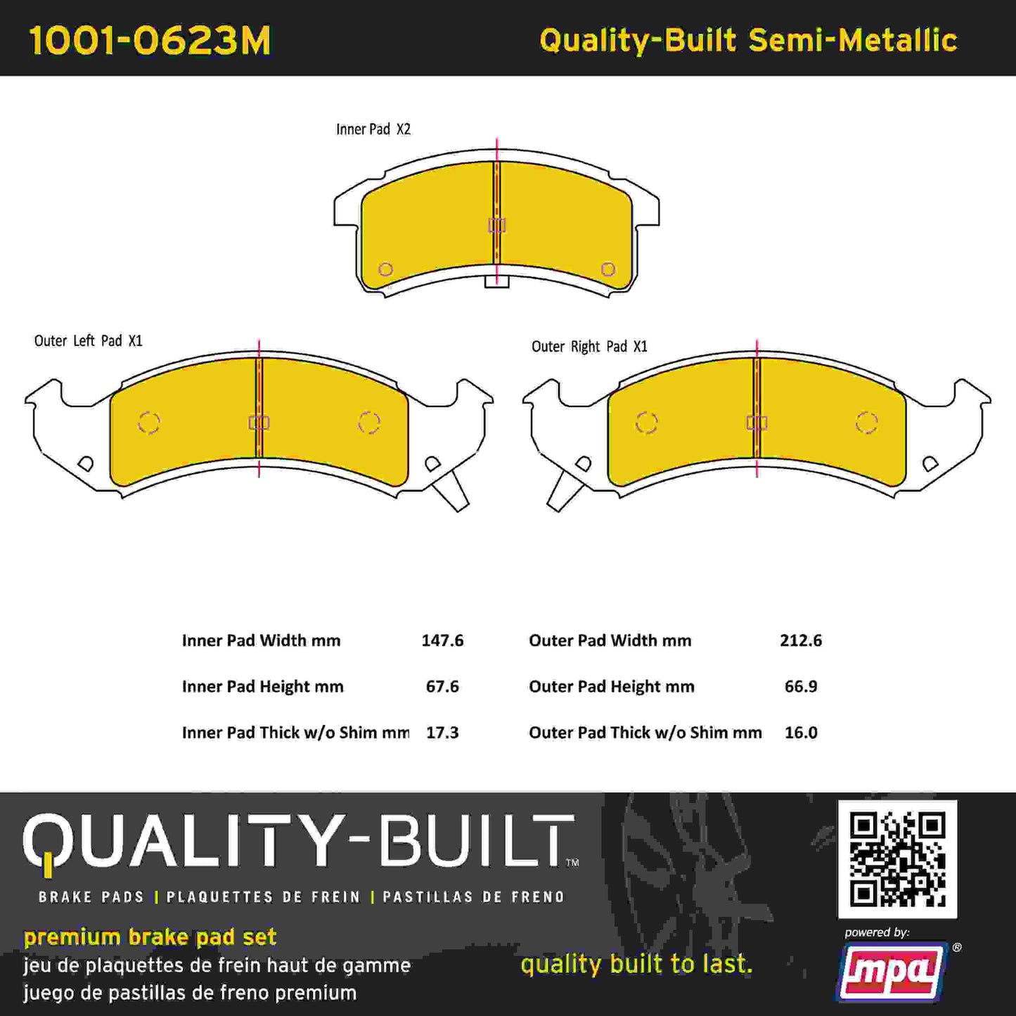 Quality-Built Quality-Built Premium Semi-Metallic Brake Pads w/ Hardware 1001-0623M