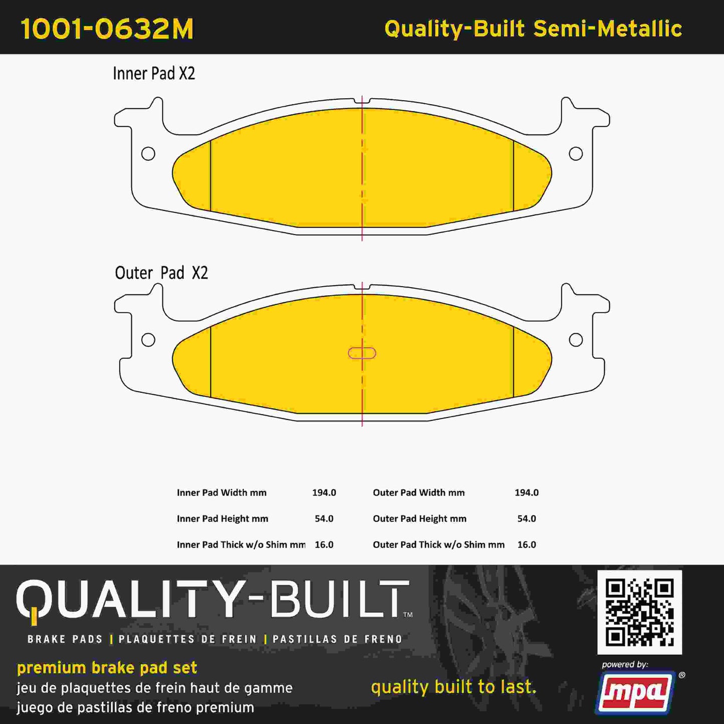 Quality-Built Quality-Built Premium Semi-Metallic Brake Pads w/ Hardware 1001-0632M