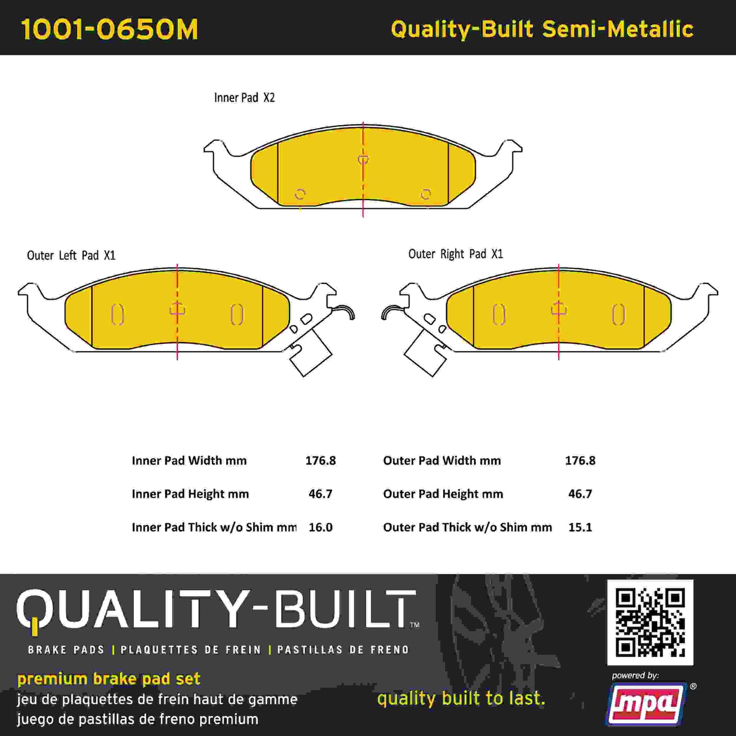 Quality-Built Quality-Built Premium Semi-Metallic Brake Pads w/ Hardware 1001-0650M