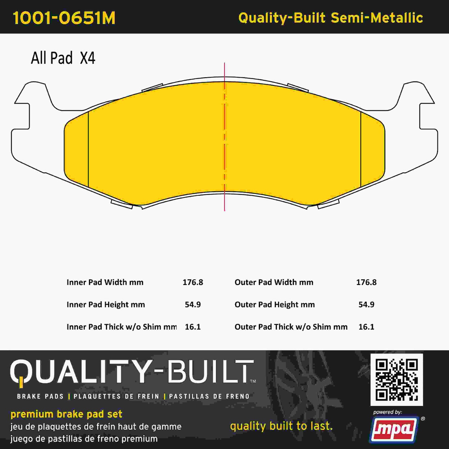 Quality-Built Quality-Built Premium Semi-Metallic Brake Pads w/ Hardware 1001-0651M