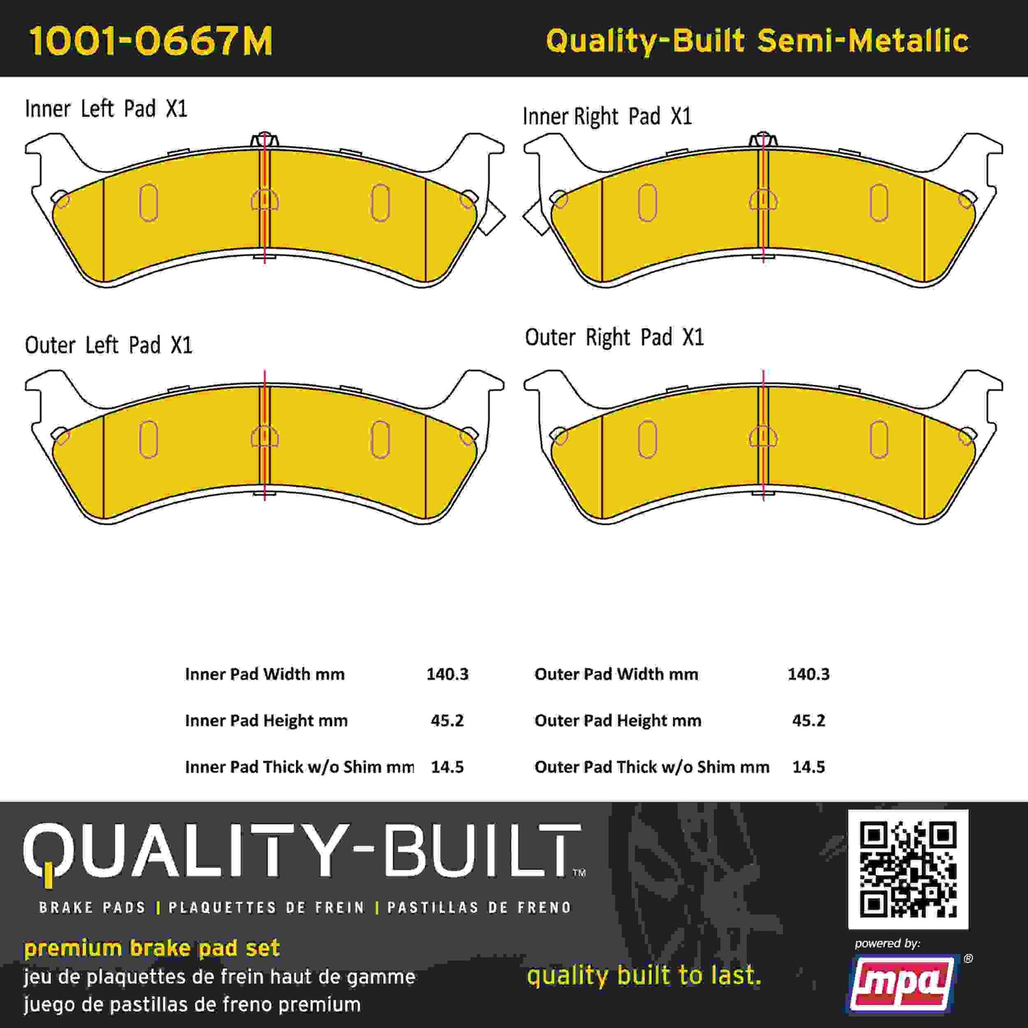 Quality-Built Quality-Built Premium Semi-Metallic Brake Pads w/ Hardware 1001-0667M