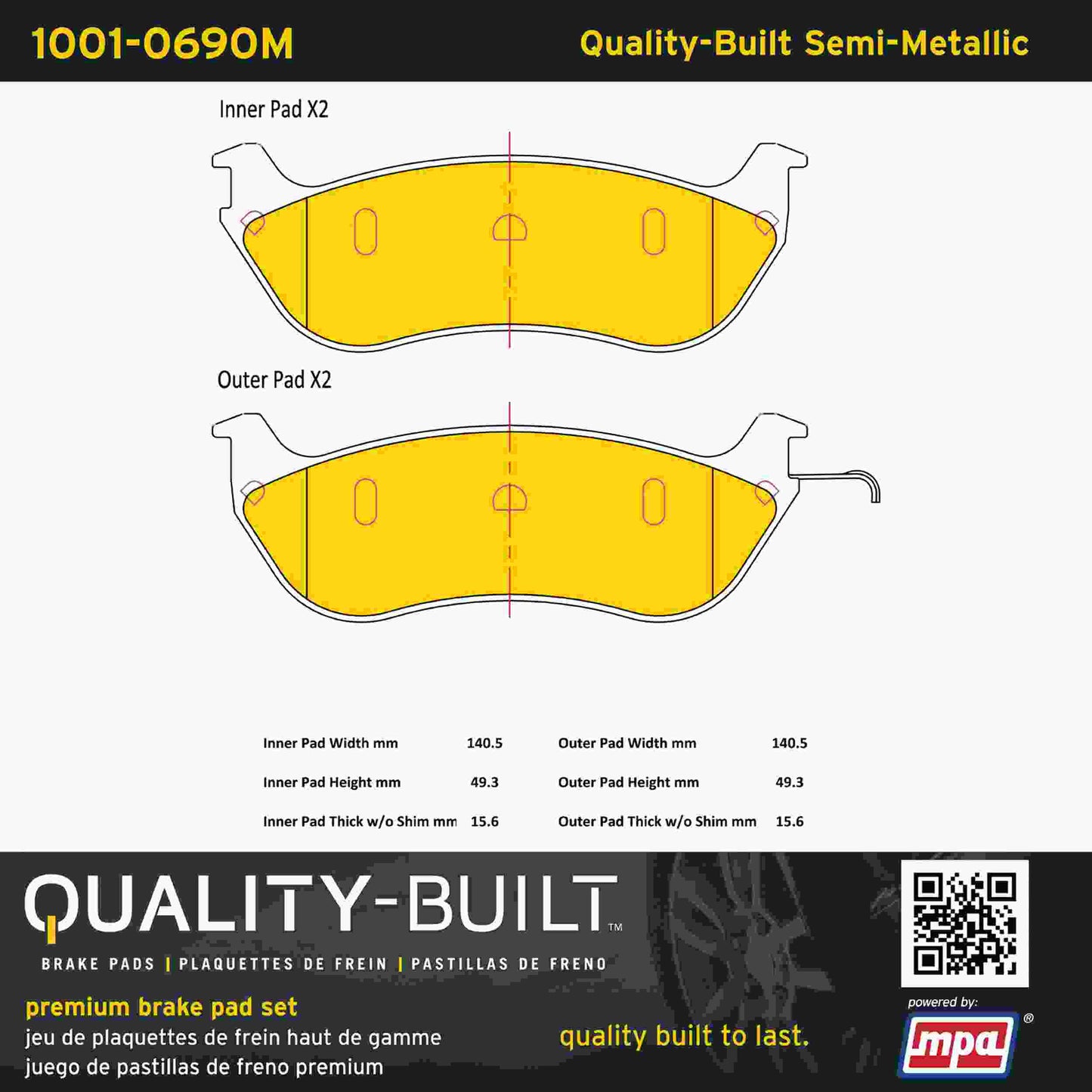 Quality-Built Quality-Built Premium Semi-Metallic Brake Pads w/ Hardware 1001-0690M