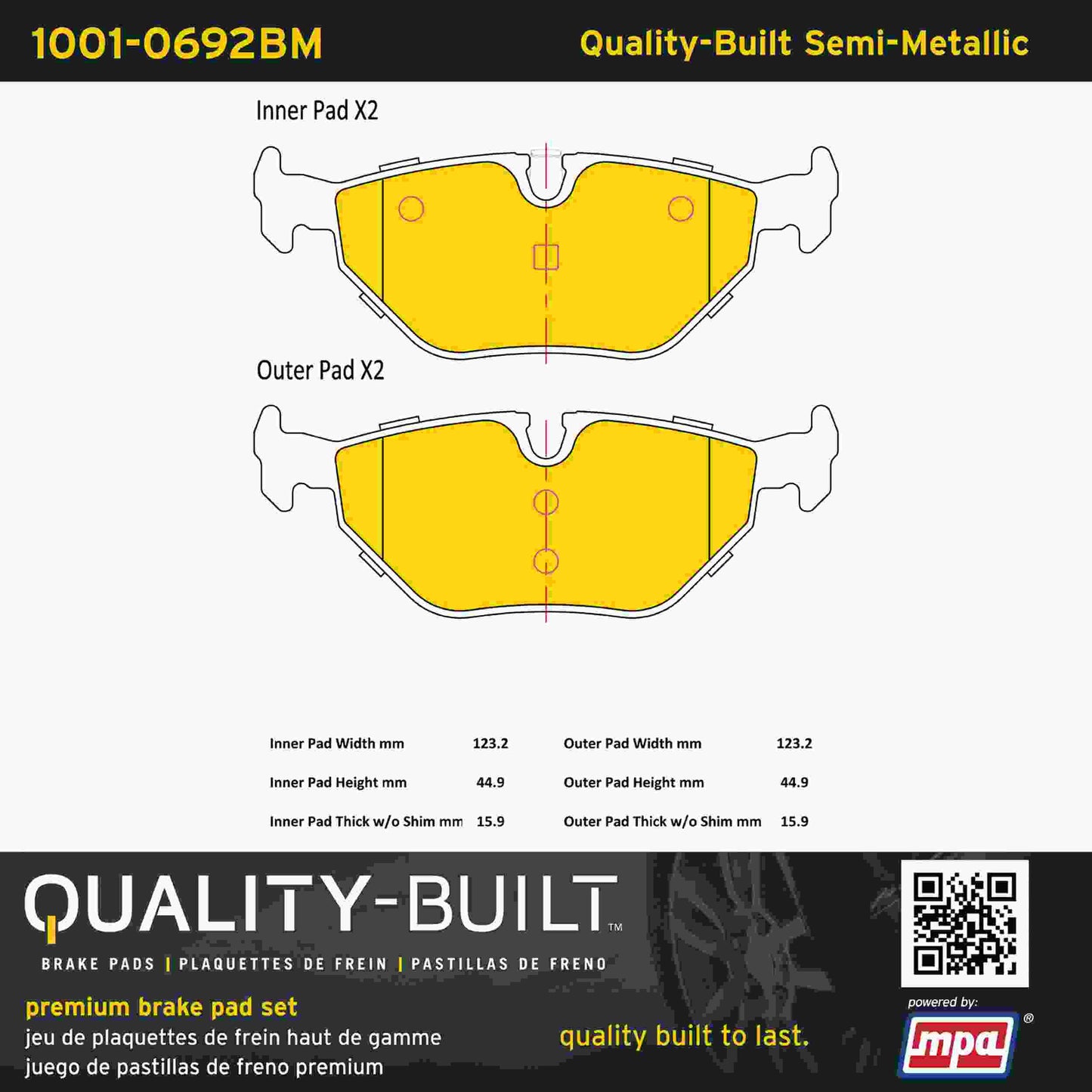 Quality-Built Quality-Built Premium Semi-Metallic Brake Pads w/ Hardware 1001-0692BM