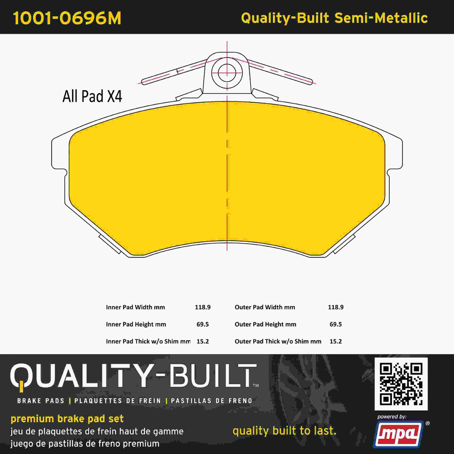 Quality-Built Quality-Built Premium Semi-Metallic Brake Pads w/ Hardware 1001-0696M