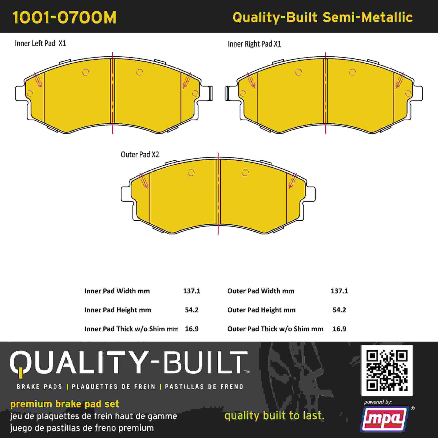 Quality-Built Quality-Built Premium Semi-Metallic Brake Pads w/ Hardware 1001-0700M