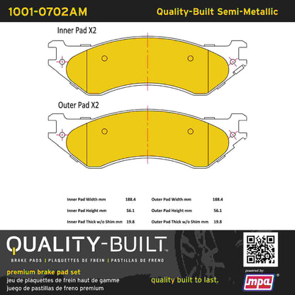 Quality-Built Quality-Built Premium Semi-Metallic Brake Pads w/ Hardware 1001-0702AM