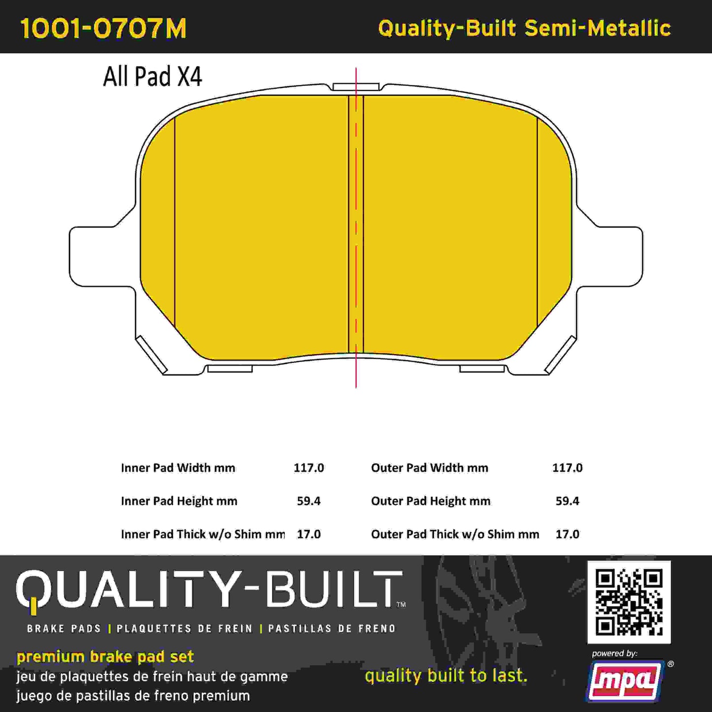 Quality-Built Quality-Built Premium Semi-Metallic Brake Pads w/ Hardware 1001-0707M