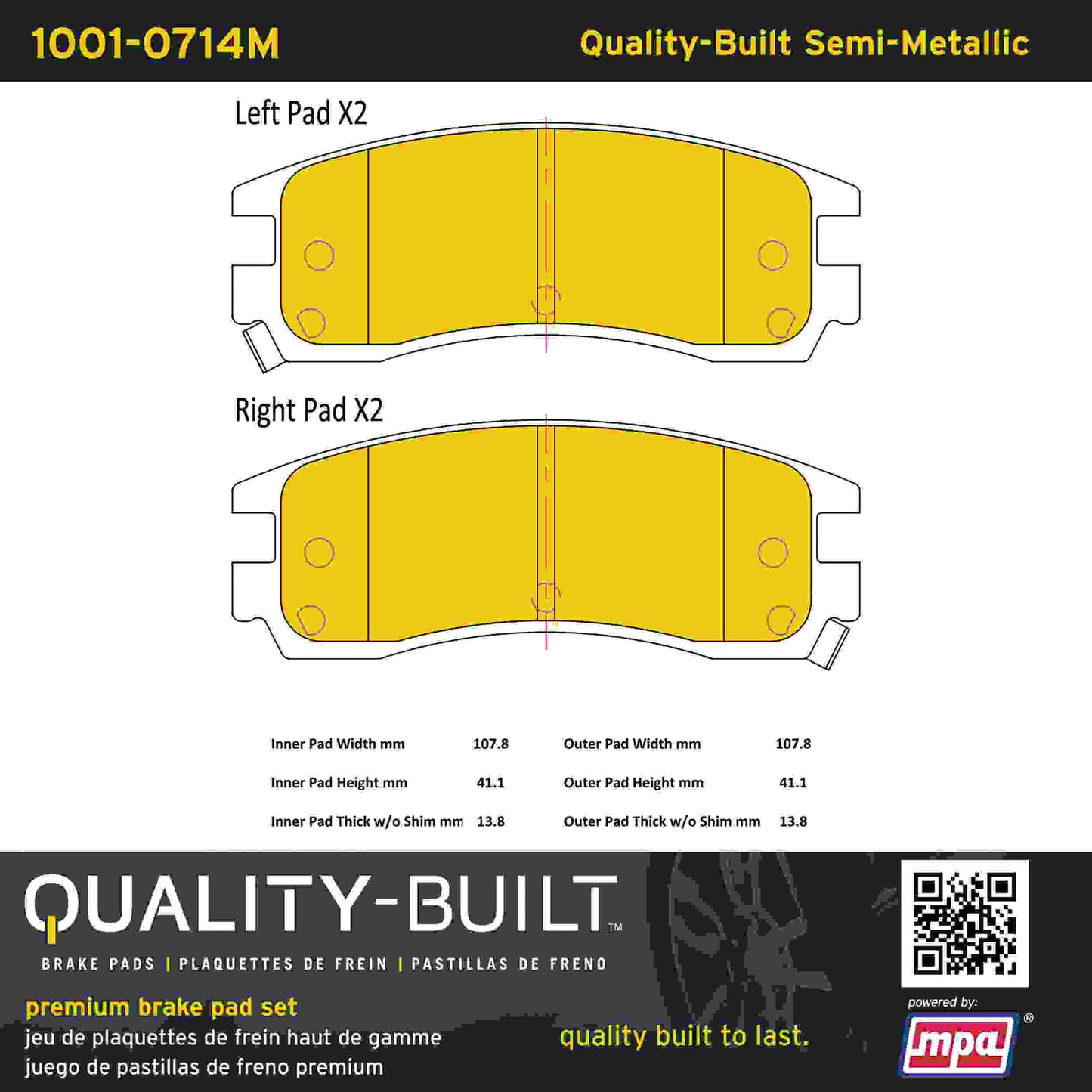 Quality-Built Quality-Built Premium Semi-Metallic Brake Pads w/ Hardware 1001-0714M