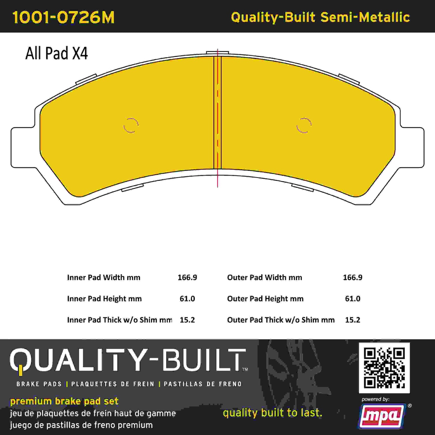 Quality-Built Quality-Built Premium Semi-Metallic Brake Pads w/ Hardware 1001-0726M