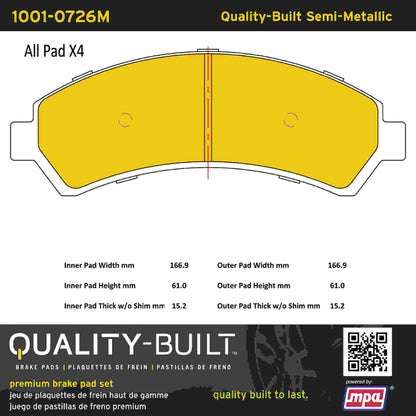 Quality-Built Quality-Built Premium Semi-Metallic Brake Pads w/ Hardware 1001-0726M