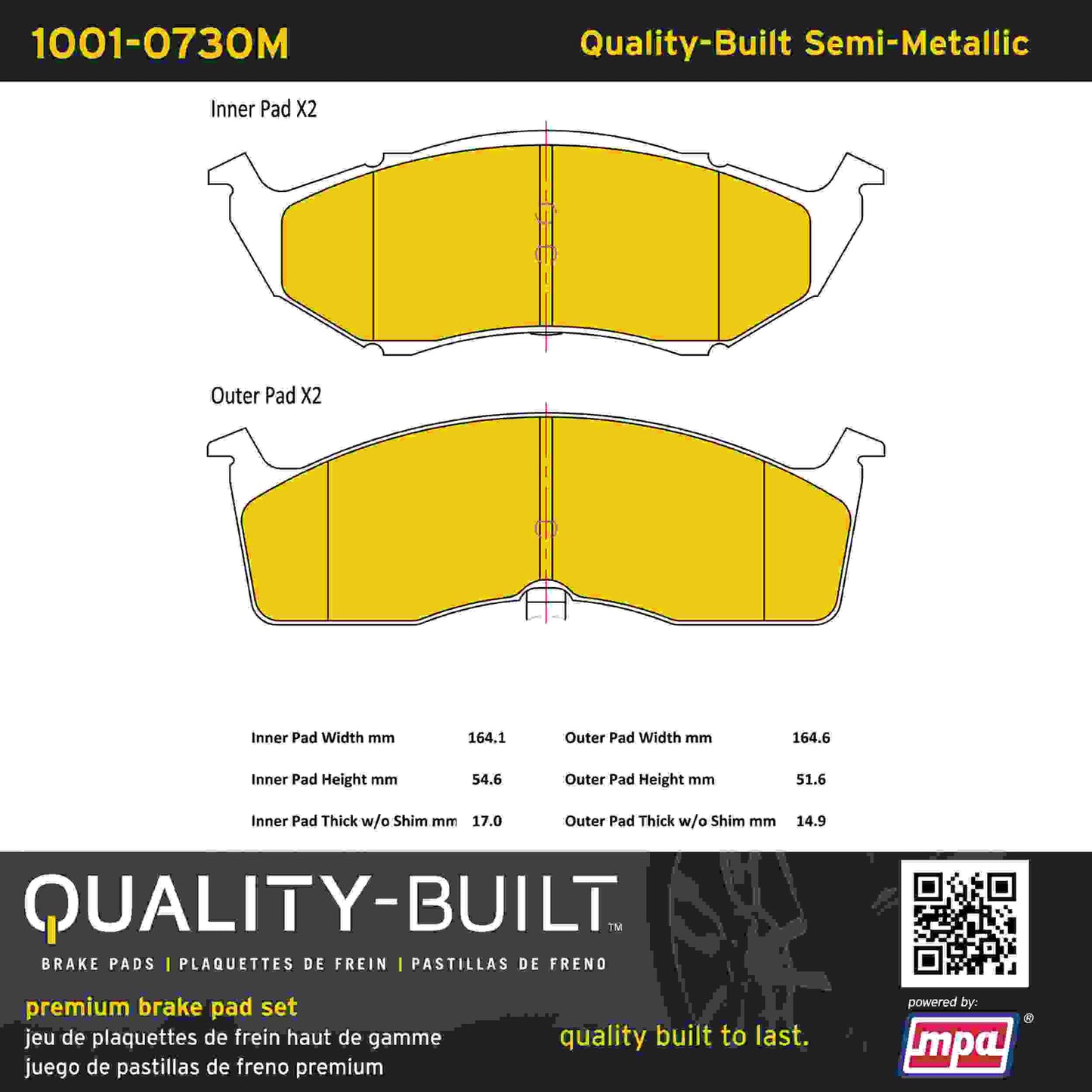 Quality-Built Quality-Built Premium Semi-Metallic Brake Pads w/ Hardware 1001-0730M